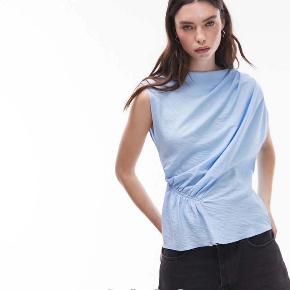 Topshop Blue Asymmetrical Ruched Blouse